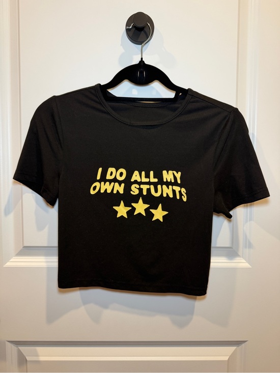 Tops - Black Crop Tee with Yellow 'I Do All My Own Stunts' Graphic